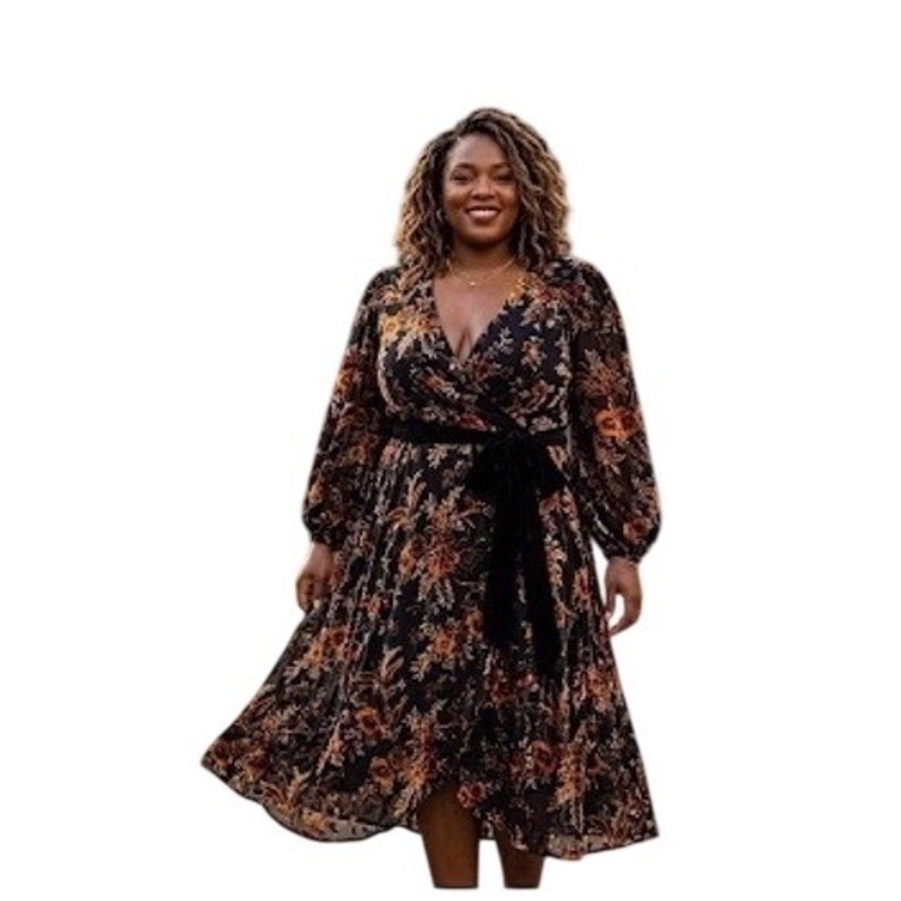 Hutch Black Burnout Velvet Floral Wrap Midi Dress Long Balloon Sleeve Plus 1X